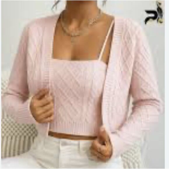 Belladini Womens M Pink Knit Sweater Set Sleeveless Strap Top Diamond Rib - Picture 2 of 13